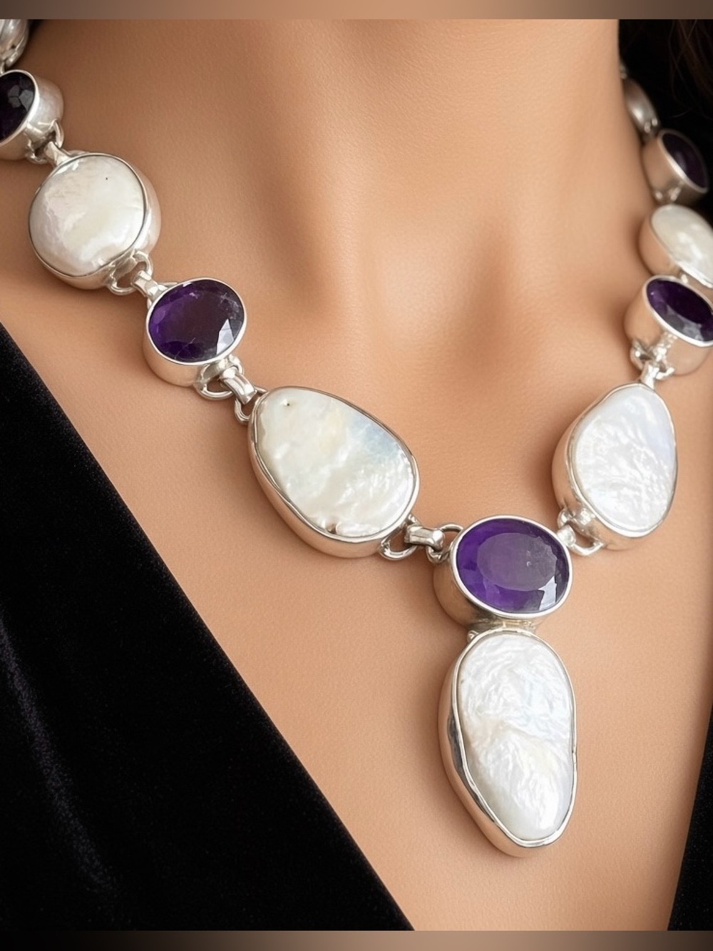 Handmade Mother of Pearl and Natural Amethyst necklace in 925 Sterling silver